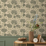 Floral Wallpaper with an Arts and Crafts Motif in Green and Beige - E374