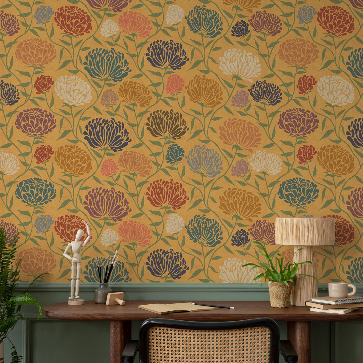 Art Nouveau Wallpaper with a Chrysanthemum Motif in Yellow, Blue and Red - E376