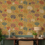 Art Nouveau Wallpaper with a Chrysanthemum Motif in Yellow, Blue and Red - E376