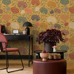 Art Nouveau Wallpaper with a Chrysanthemum Motif in Yellow, Blue and Red - E376