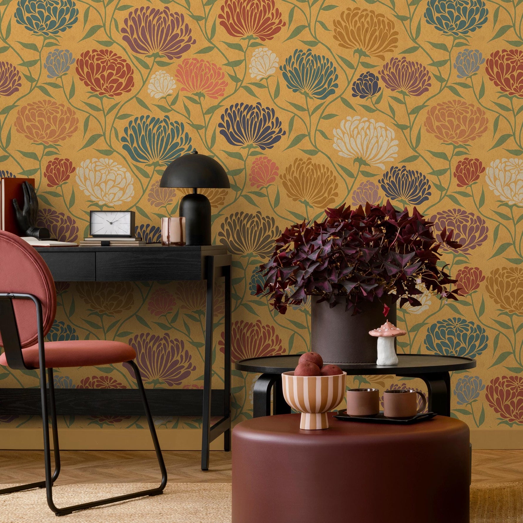 Art Nouveau Wallpaper with a Chrysanthemum Motif in Yellow, Blue and Red - E376