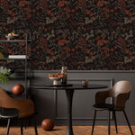 Botanical Wallpaper with Vintage Wildflowers in Rust, Taupe, and Black - E379
