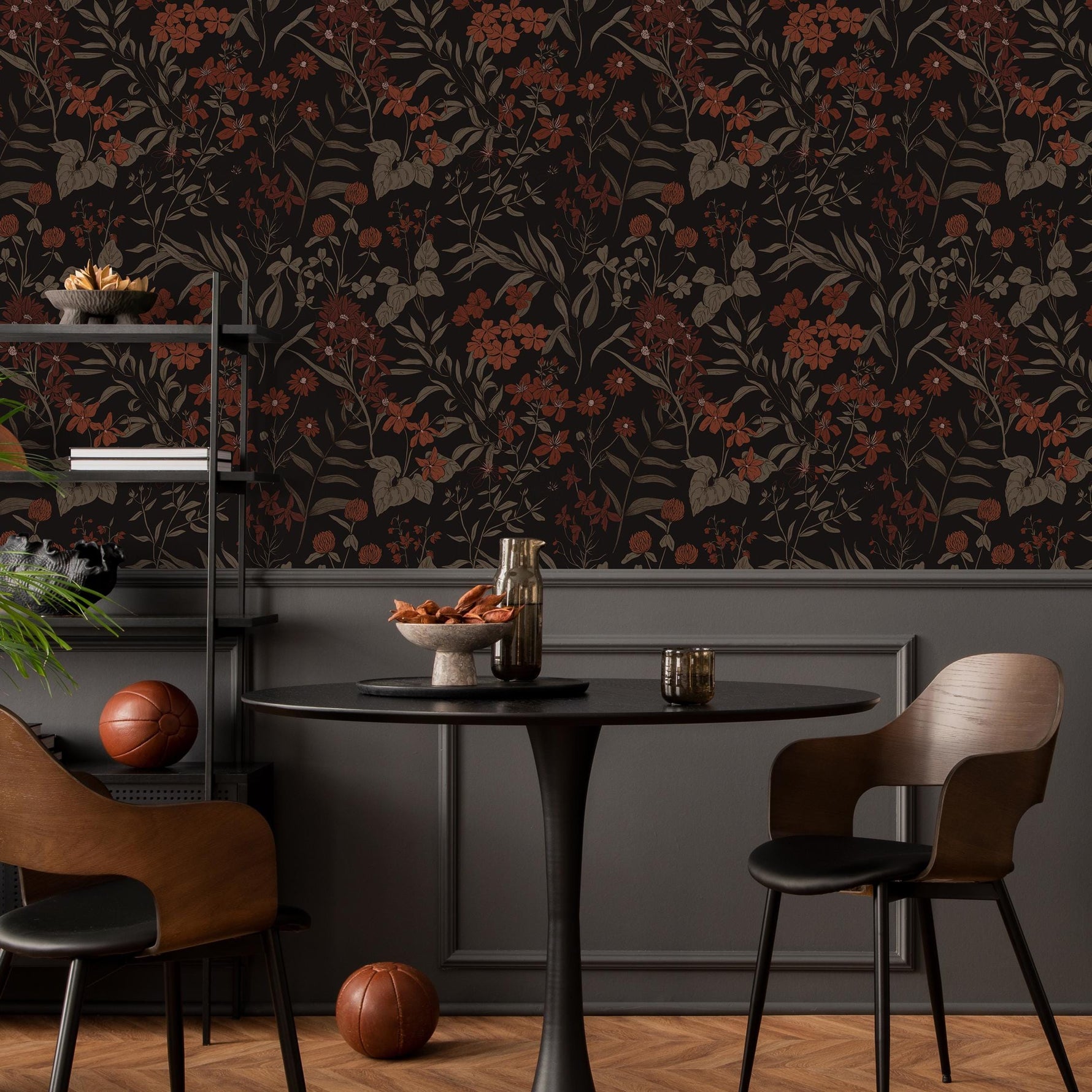 Botanical Wallpaper with Vintage Wildflowers in Rust, Taupe, and Black - E379