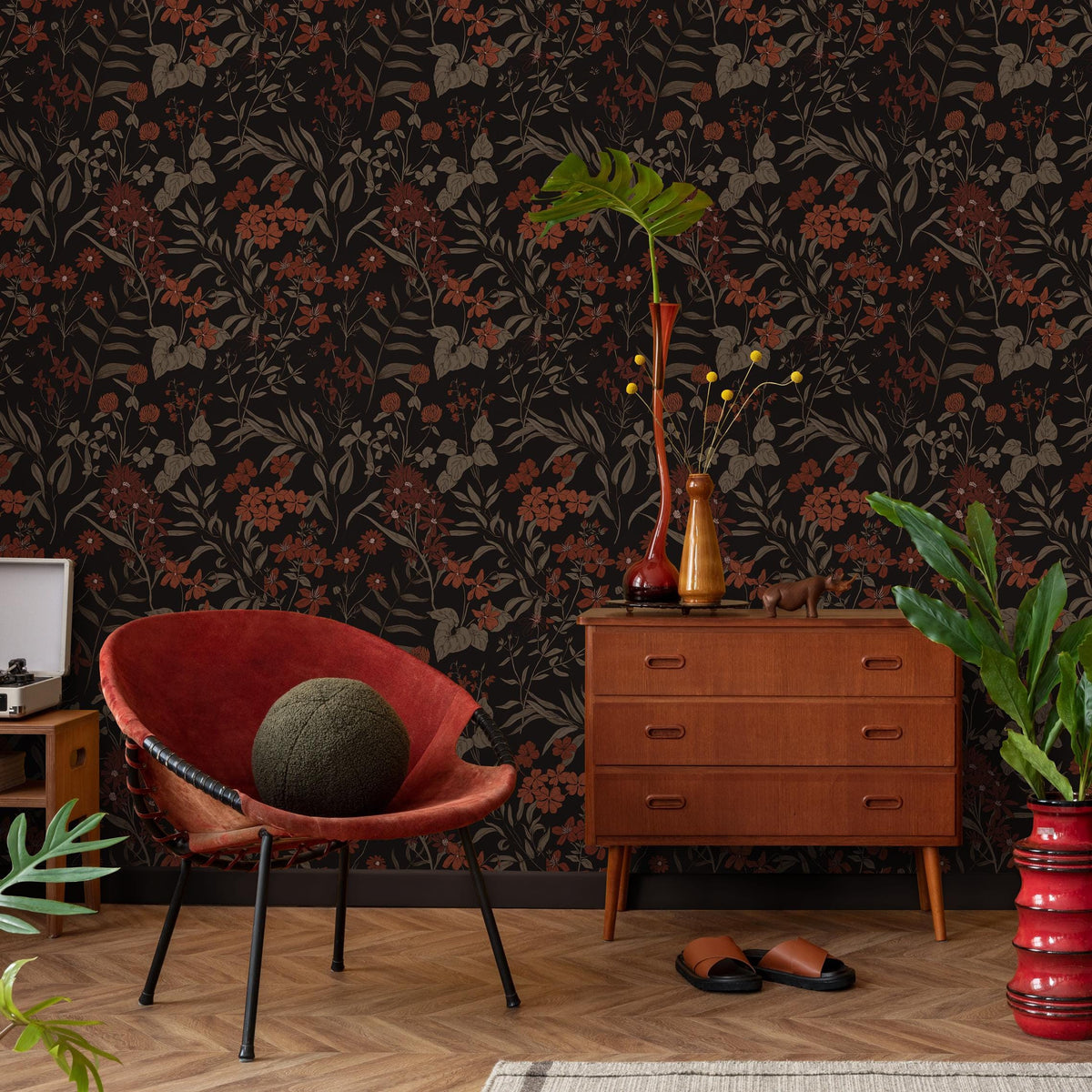 Botanical Wallpaper with Vintage Wildflowers in Rust, Taupe, and Black - E379
