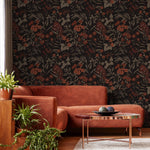 Botanical Wallpaper with Vintage Wildflowers in Rust, Taupe, and Black - E379