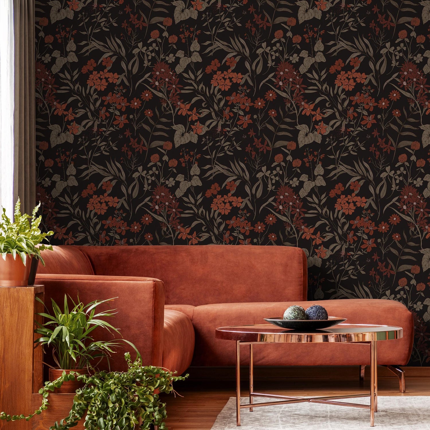 Botanical Wallpaper with Vintage Wildflowers in Rust, Taupe, and Black - E379