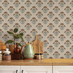 Floral Wallpaper with a Stylized Lotus Motif in Brown, Green, and Beige - E383