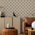 Floral Wallpaper with a Stylized Lotus Motif in Brown, Green, and Beige - E383