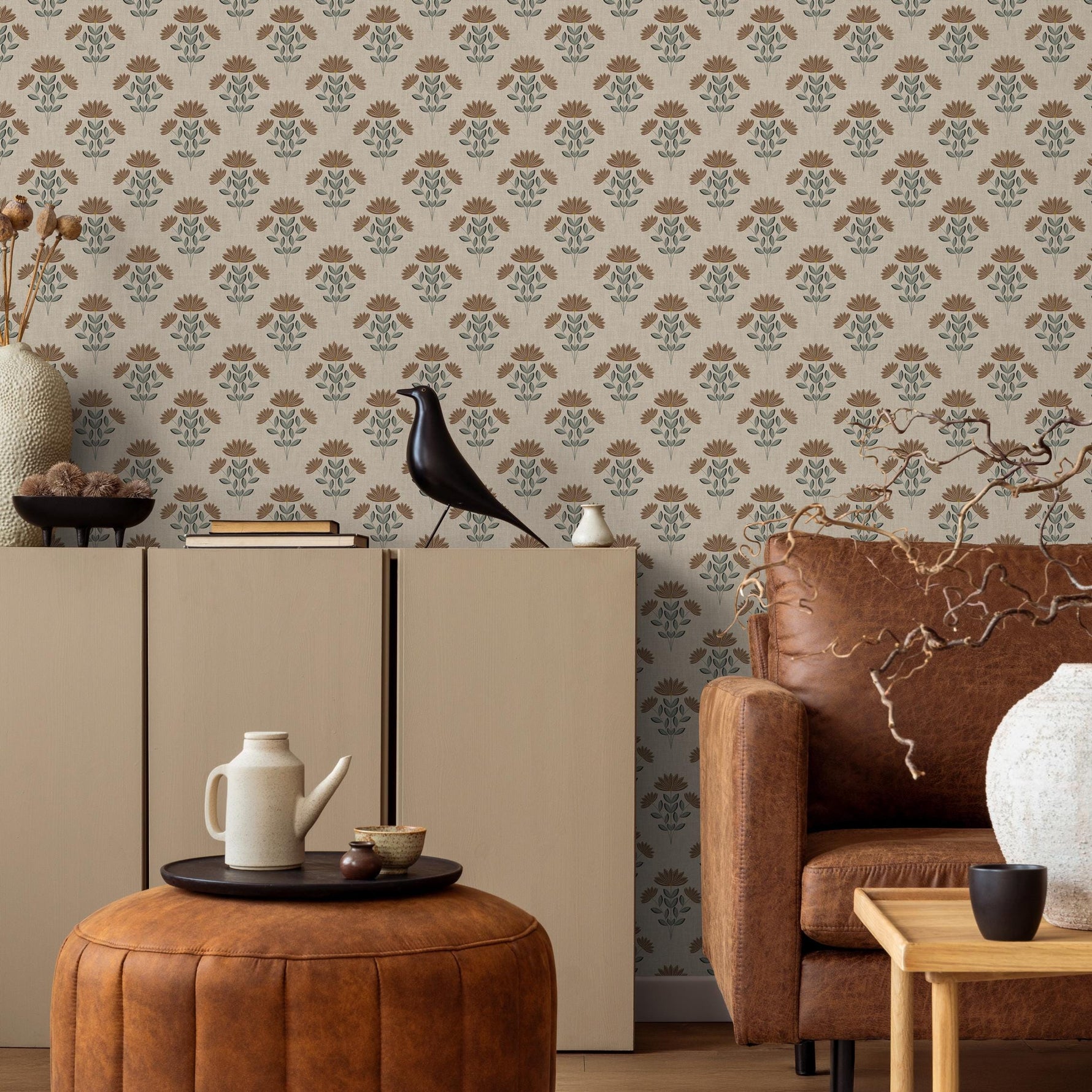Floral Wallpaper with a Stylized Lotus Motif in Brown, Green, and Beige - E383