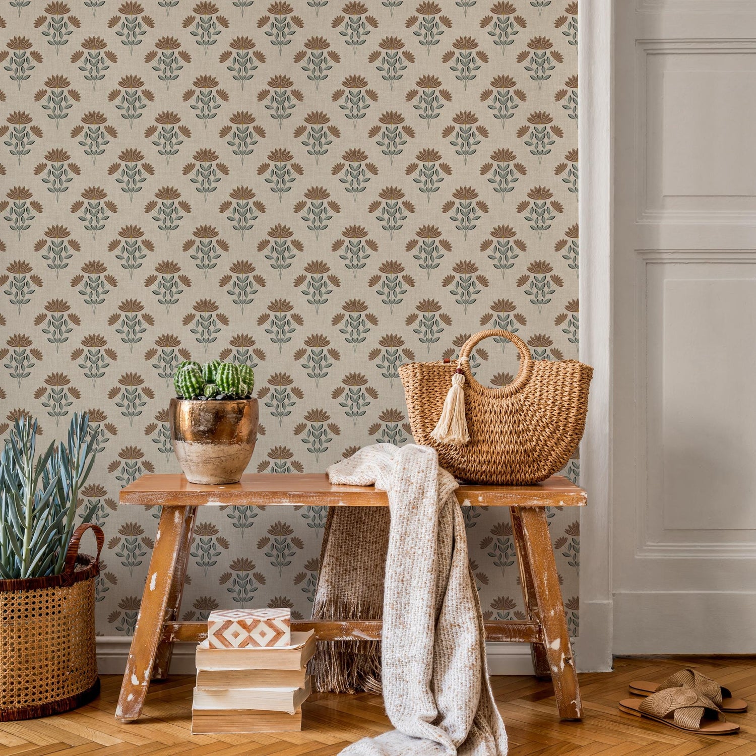 Floral Wallpaper with a Stylized Lotus Motif in Brown, Green, and Beige - E383