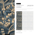 Chinoiserie Wallpaper with a Japanese Mountain Landscape in Navy Blue and Beige - E321