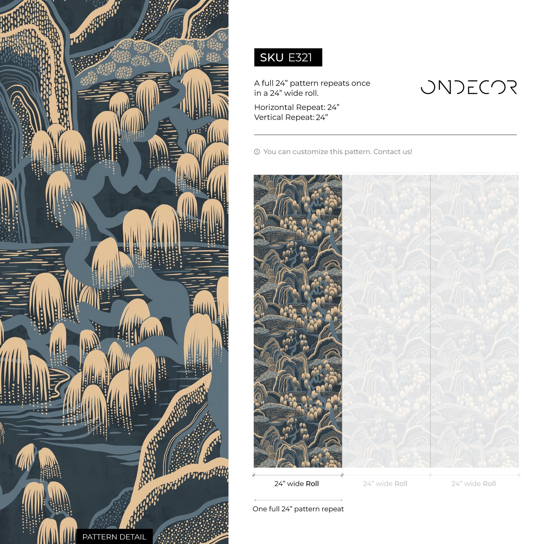 Chinoiserie Wallpaper with a Japanese Mountain Landscape in Navy Blue and Beige - E321