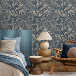 Chinoiserie Wallpaper with a Mountain Landscape in Blue and Beige - E324