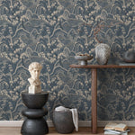 Chinoiserie Wallpaper with a Mountain Landscape in Blue and Beige - E324