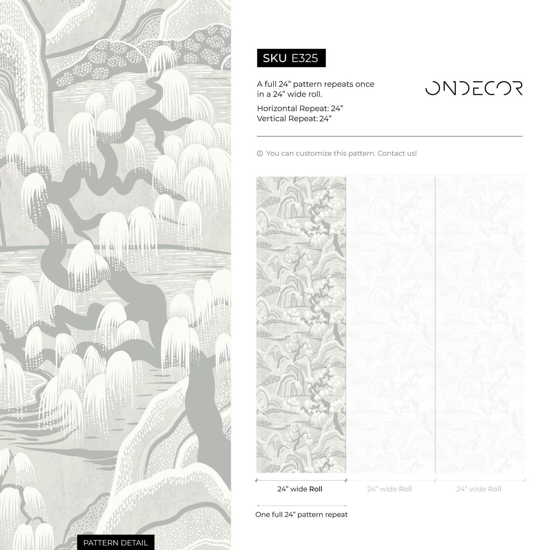 Landscape Wallpaper with a Serene Mountain and Willow Scene in Gray and Beige - E325