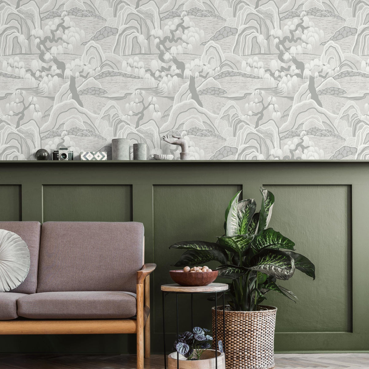 Landscape Wallpaper with a Serene Mountain and Willow Scene in Gray and Beige - E325