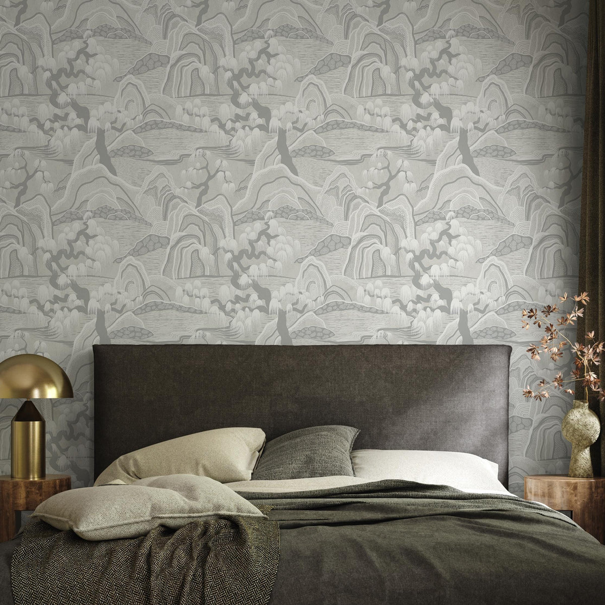 Landscape Wallpaper with a Serene Mountain and Willow Scene in Gray and Beige - E325