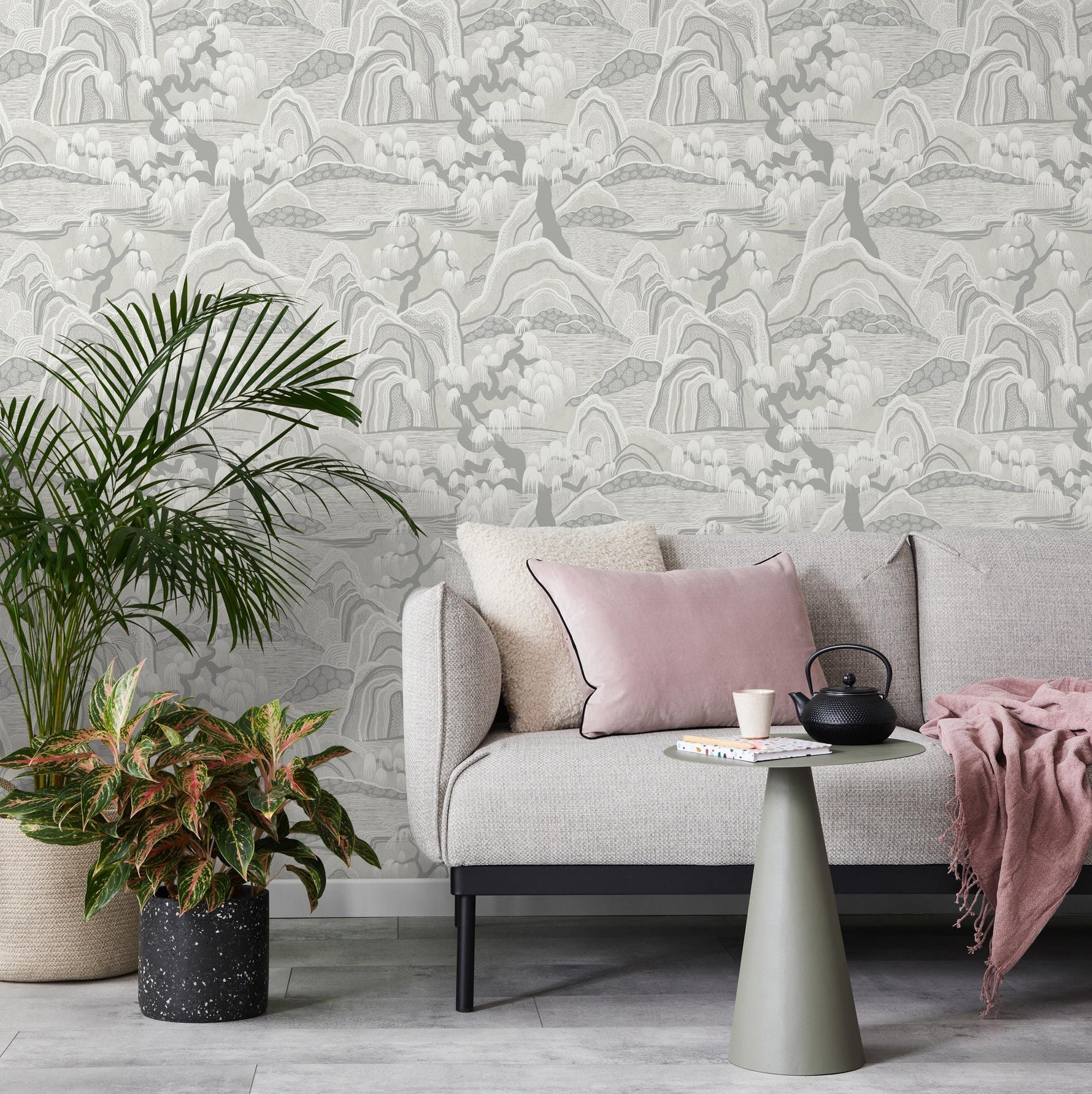 Landscape Wallpaper with a Serene Mountain and Willow Scene in Gray and Beige - E325
