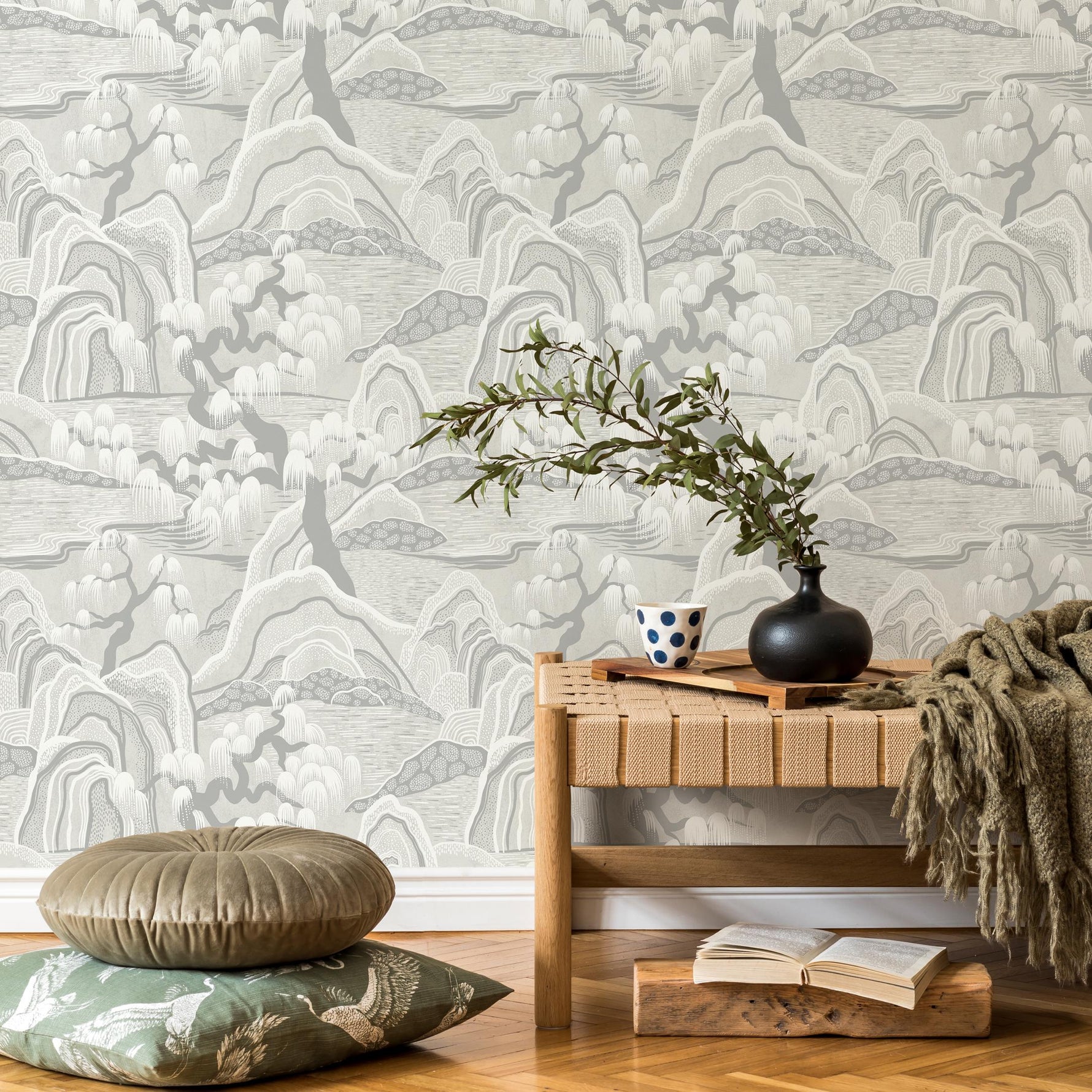 Landscape Wallpaper with a Serene Mountain and Willow Scene in Gray and Beige - E325