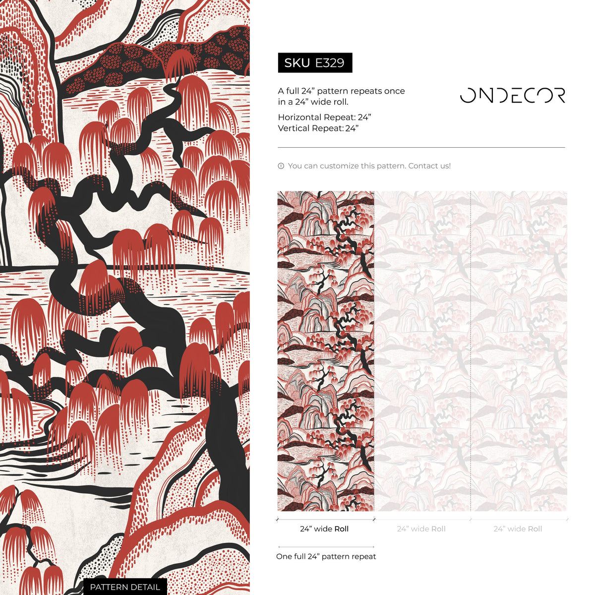 Japanese Wallpaper with a Mountain Landscape in Red and Black - E329