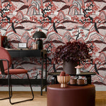 Japanese Wallpaper with a Mountain Landscape in Red and Black - E329