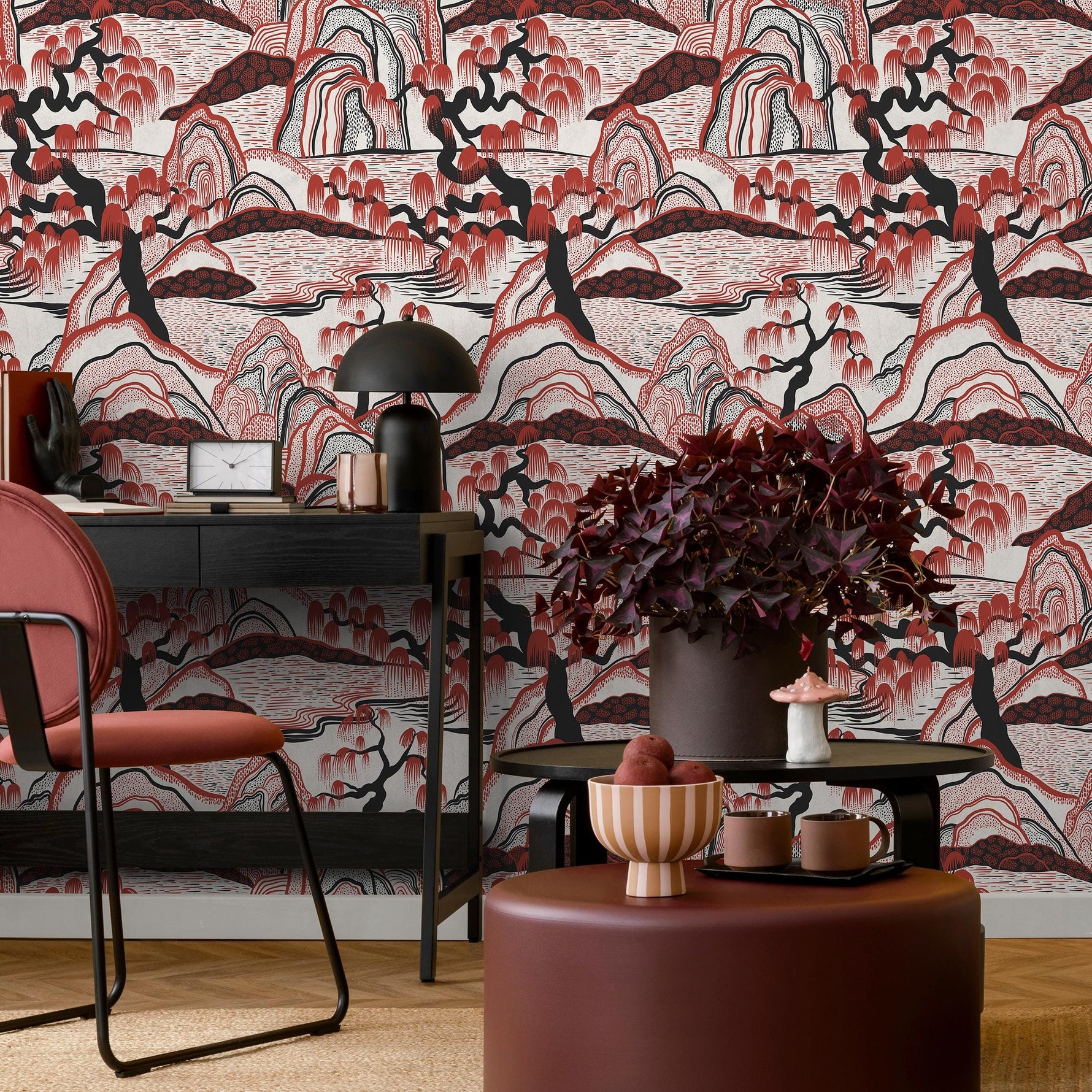 Japanese Wallpaper with a Mountain Landscape in Red and Black - E329