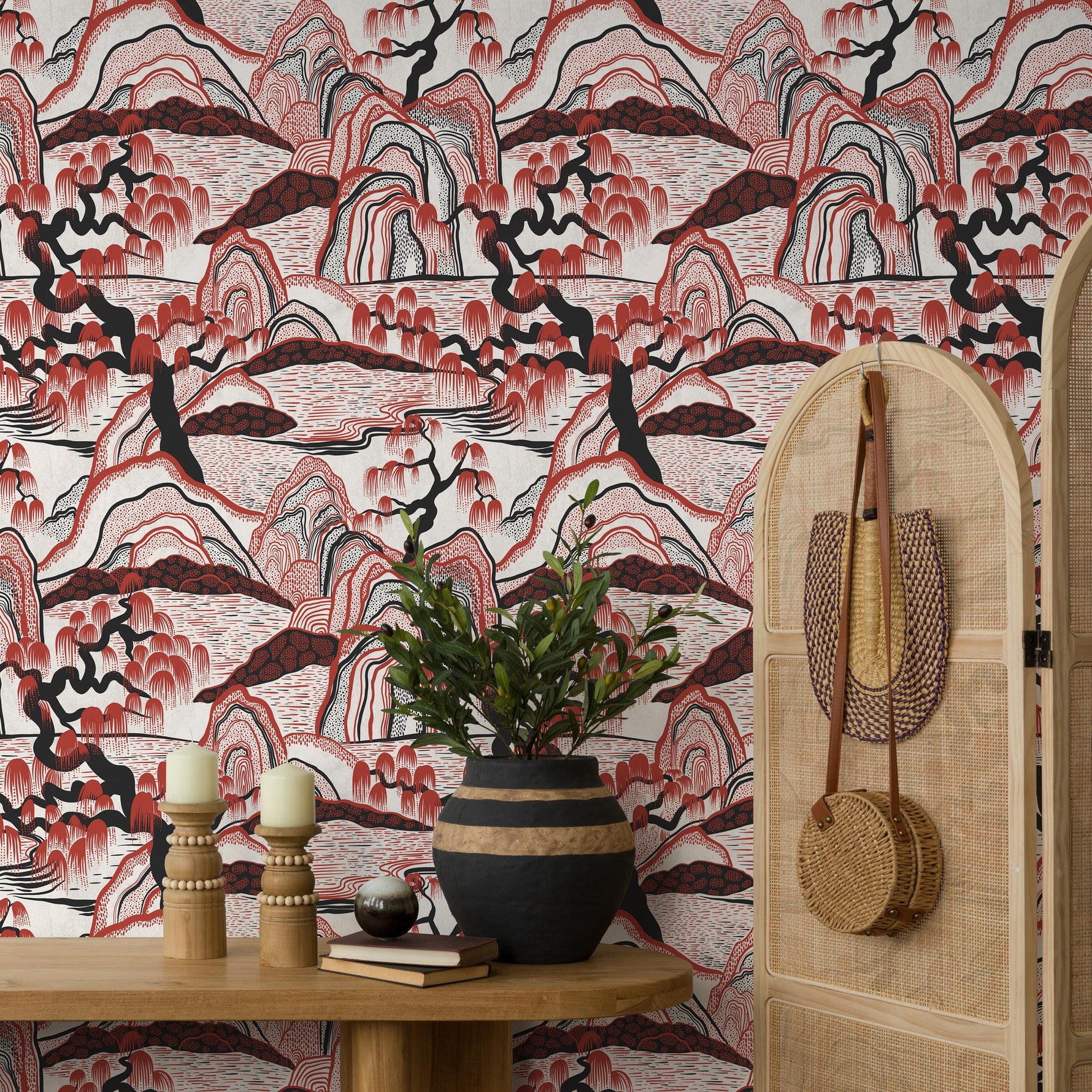 Japanese Wallpaper with a Mountain Landscape in Red and Black - E329