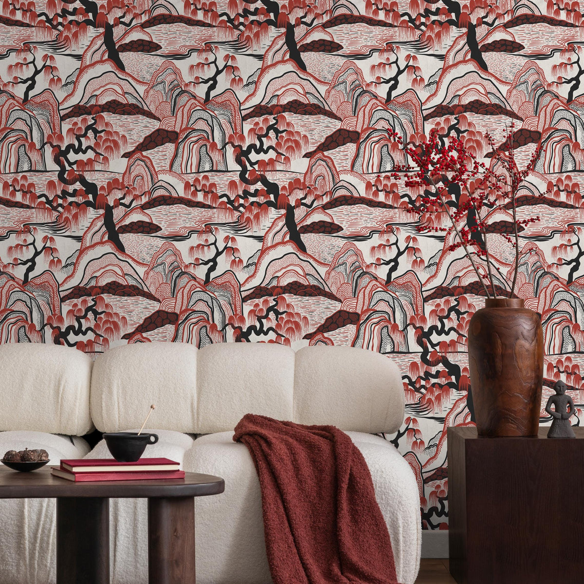 Japanese Wallpaper with a Mountain Landscape in Red and Black - E329