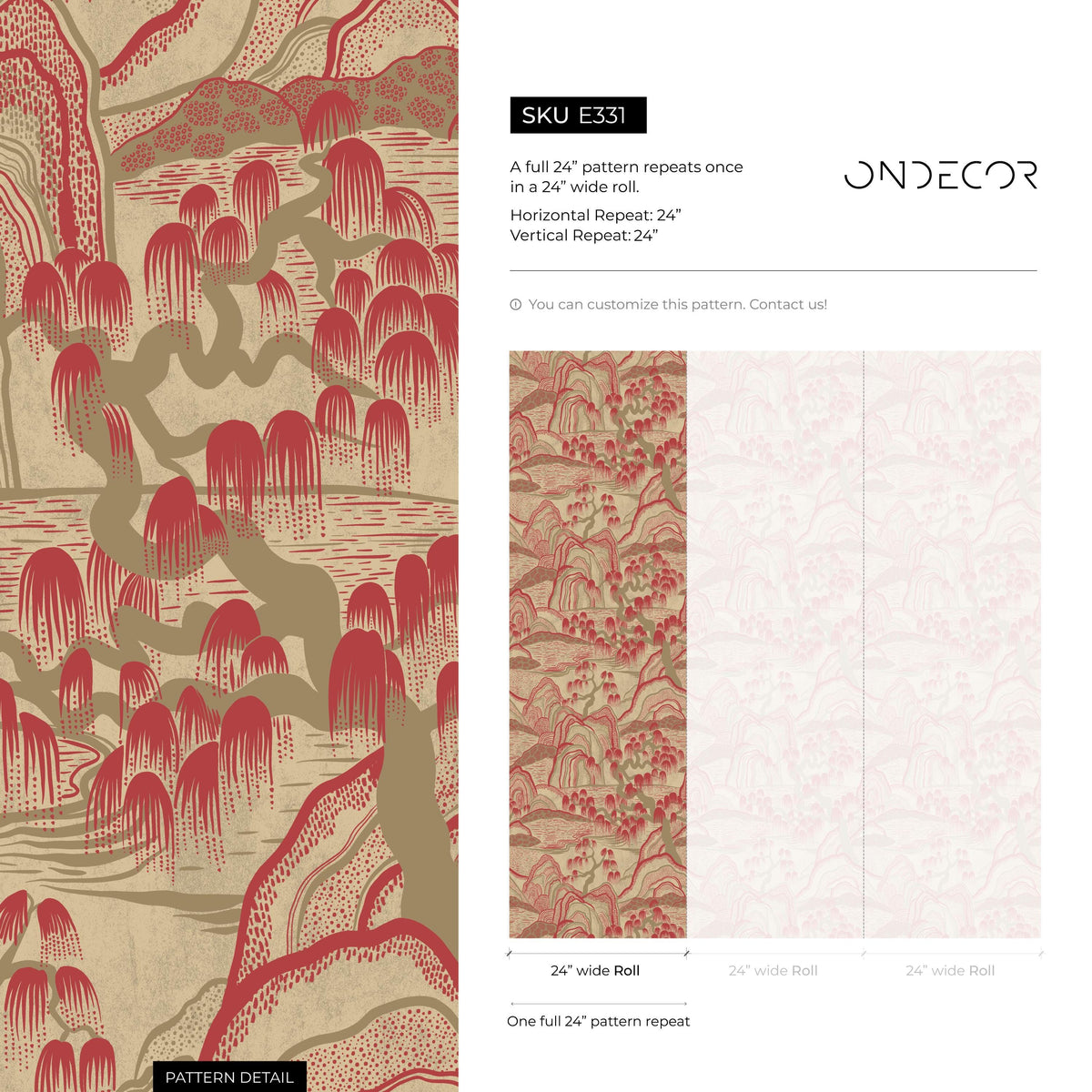 Chinoiserie Wallpaper with a Mountain Landscape in Red and Beige - E331