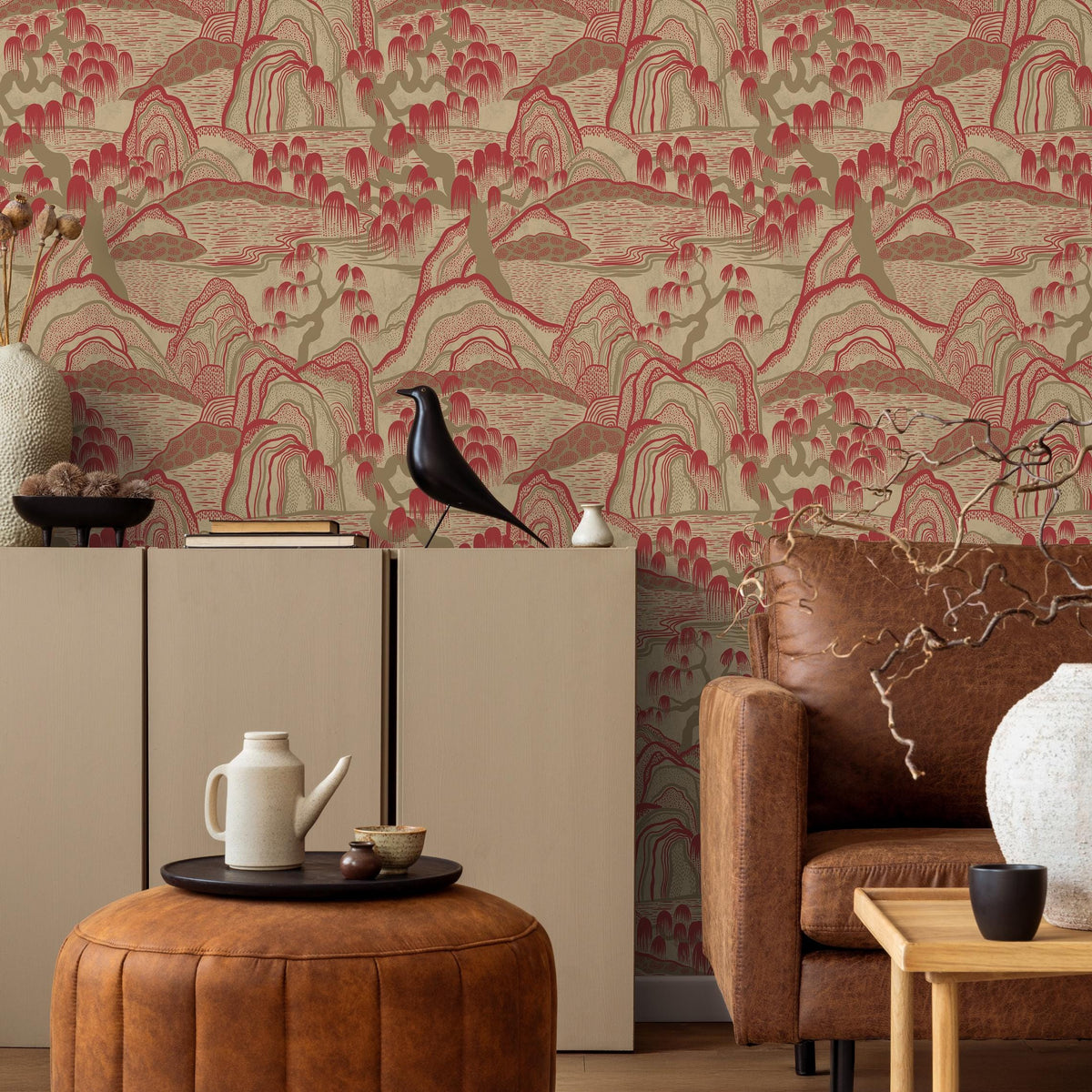 Chinoiserie Wallpaper with a Mountain Landscape in Red and Beige - E331