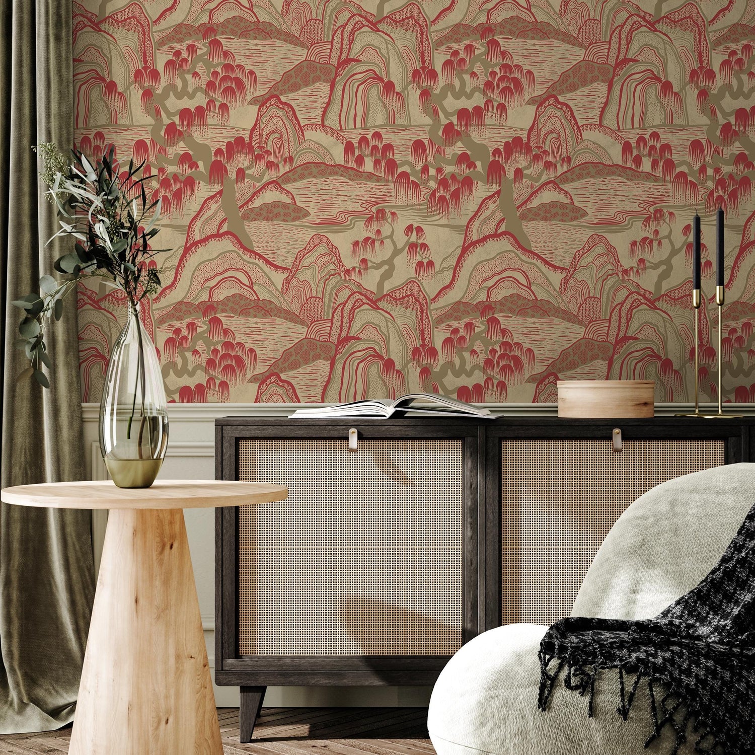 Chinoiserie Wallpaper with a Mountain Landscape in Red and Beige - E331