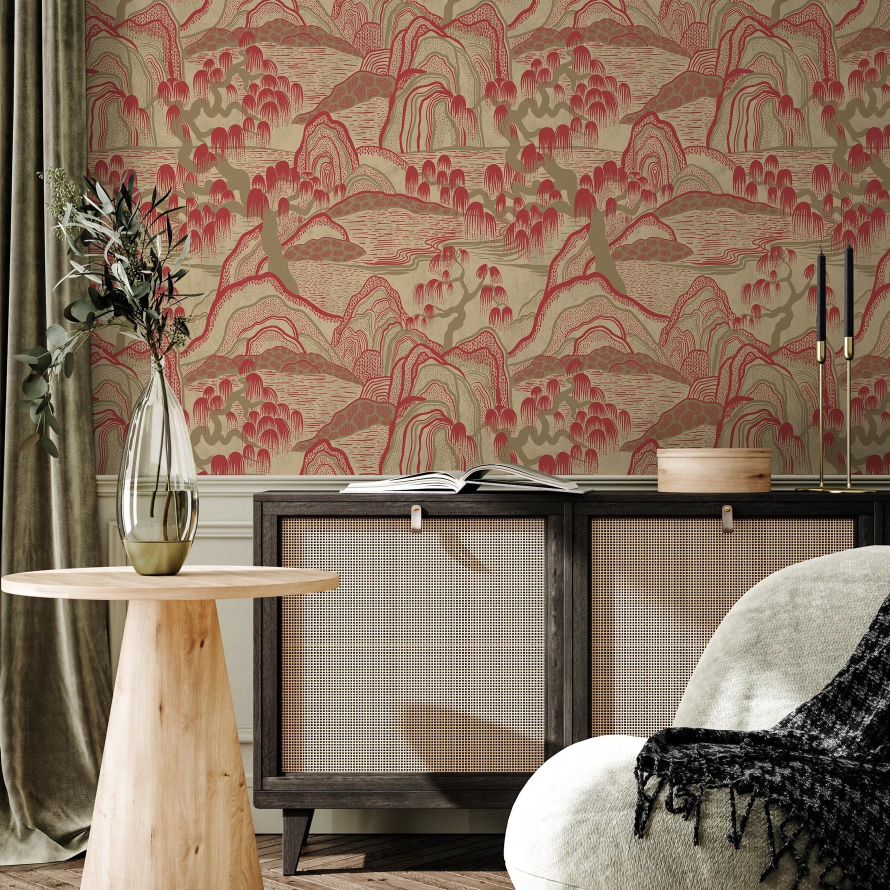 Chinoiserie Wallpaper with a Mountain Landscape in Red and Beige - E331