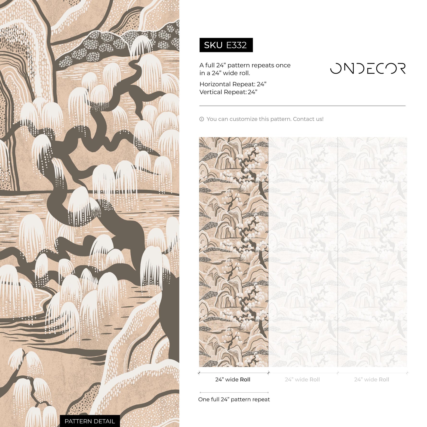 Chinoiserie Wallpaper with a Stylized Mountain Scene in Beige, Brown, and Cream - E332