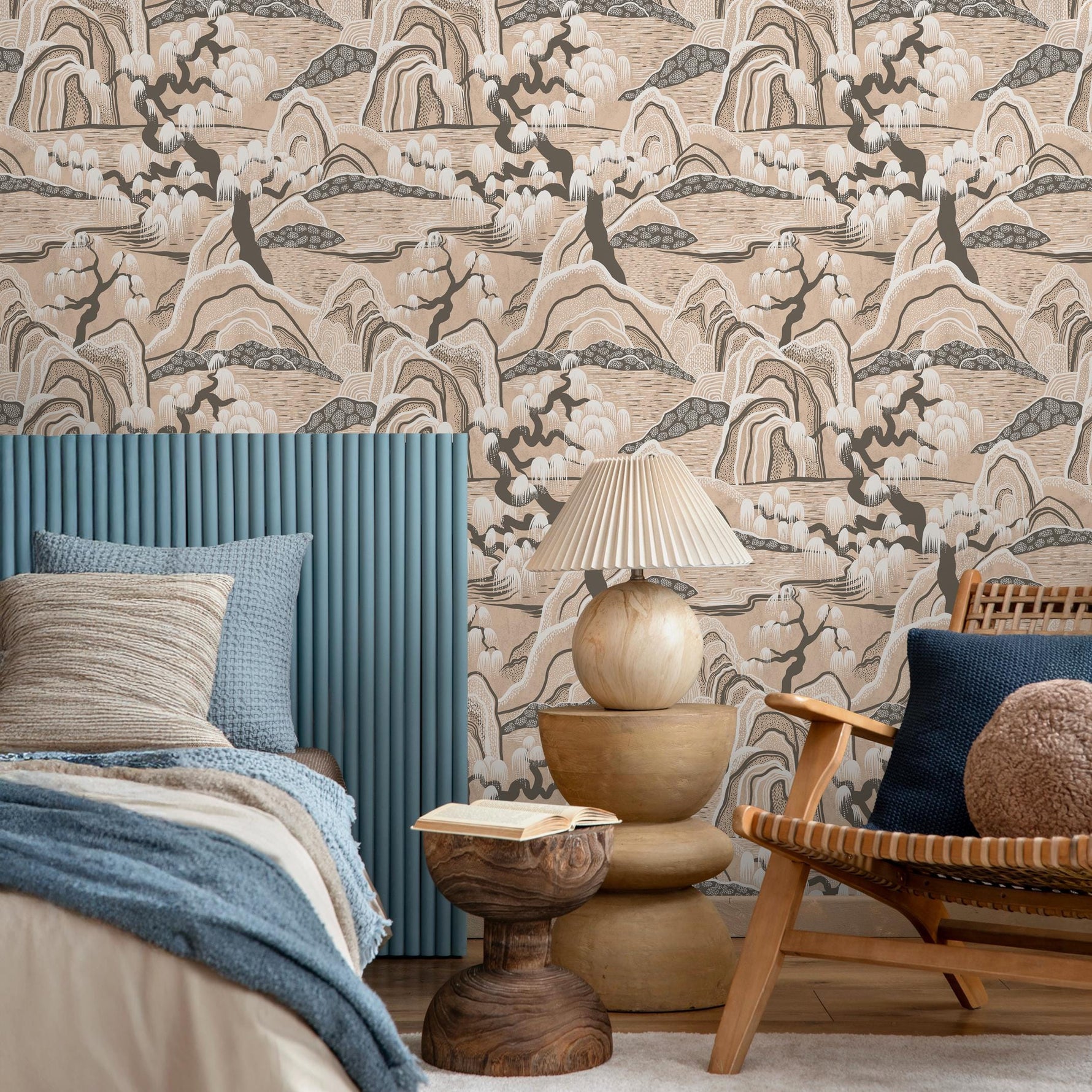 Chinoiserie Wallpaper with a Stylized Mountain Scene in Beige, Brown, and Cream - E332