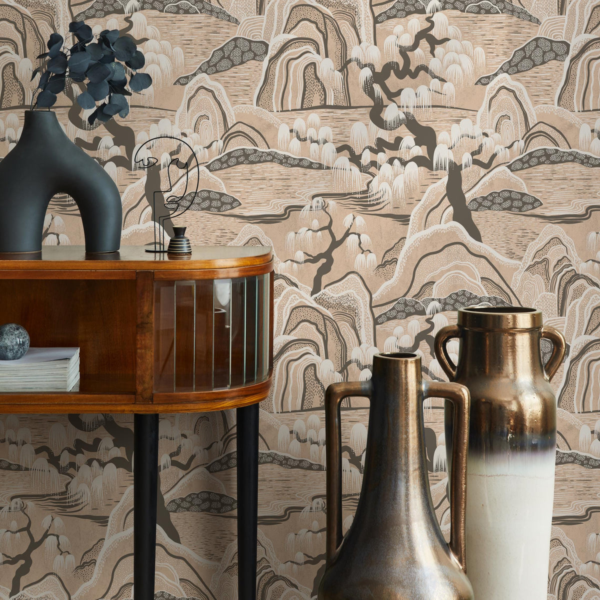 Chinoiserie Wallpaper with a Stylized Mountain Scene in Beige, Brown, and Cream - E332