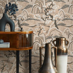 Chinoiserie Wallpaper with a Stylized Mountain Scene in Beige, Brown, and Cream - E332