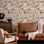 Chinoiserie Wallpaper with a Stylized Mountain Scene in Beige, Brown, and Cream - E332