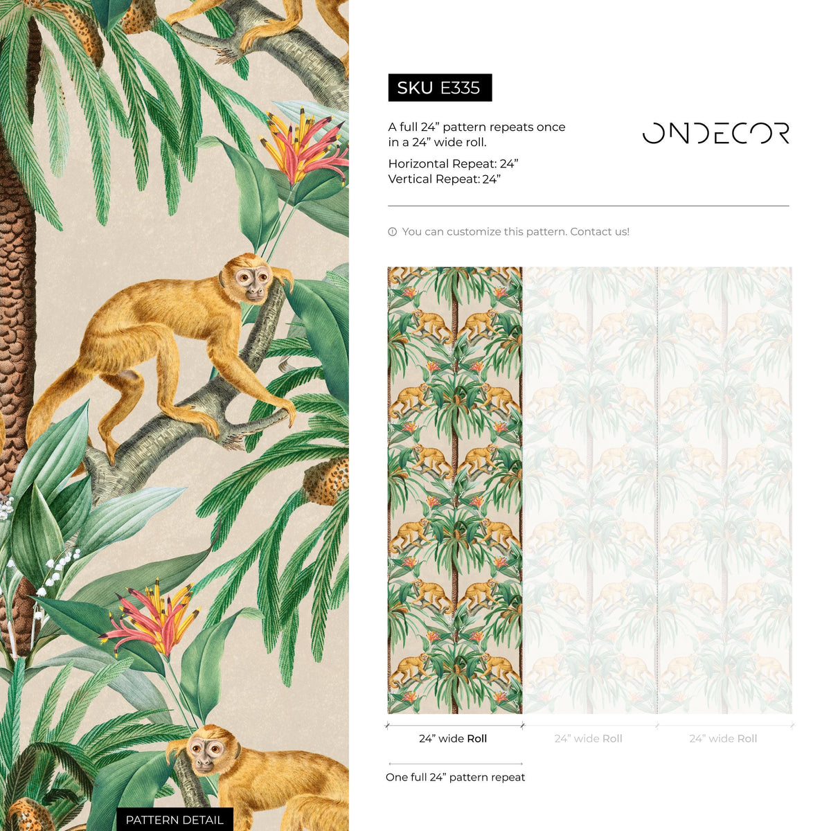 Tropical Wallpaper with a Vintage Monkey and Palm Tree Motif in Green and Beige - E335