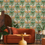 Tropical Wallpaper with a Vintage Monkey and Palm Tree Motif in Green and Beige - E335
