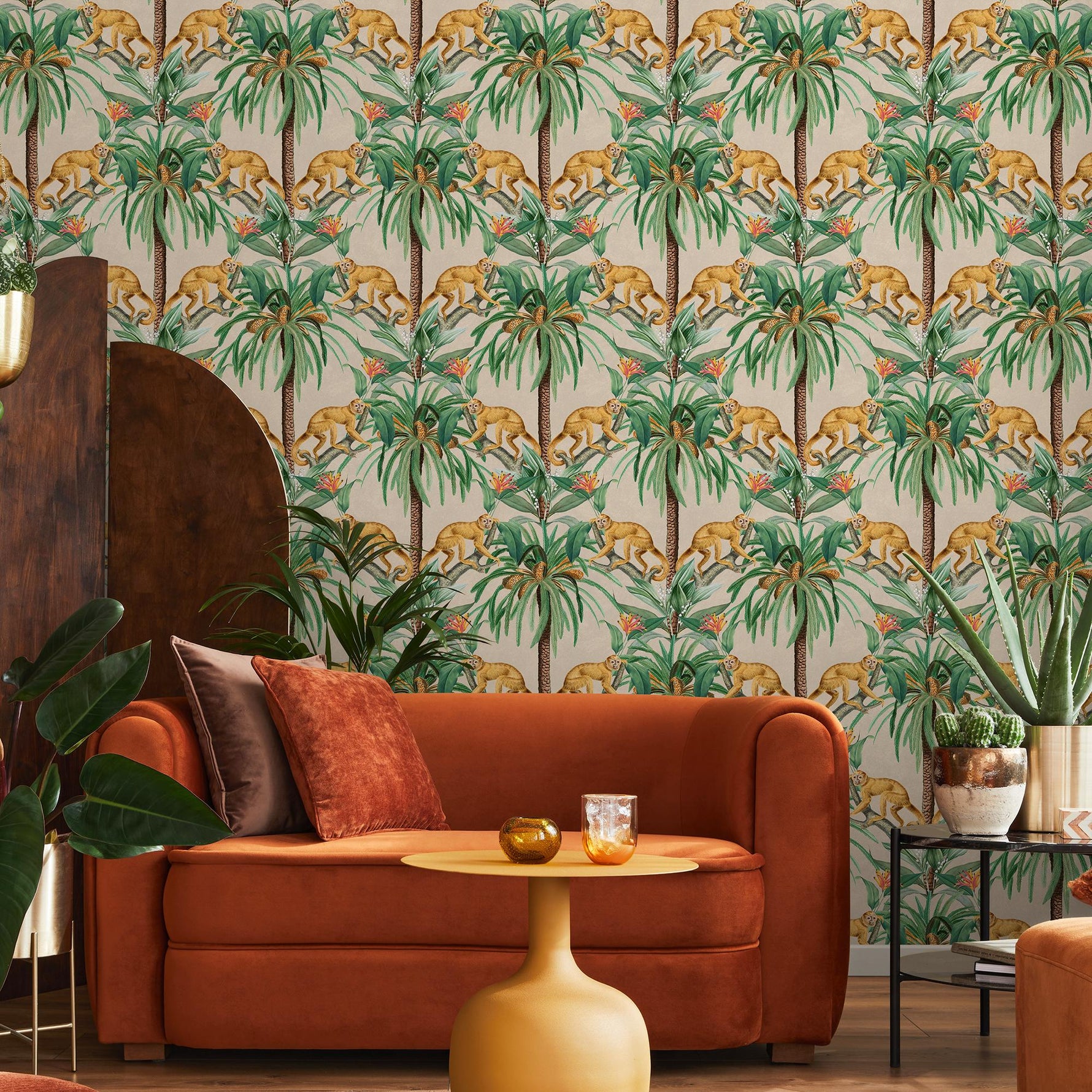 Tropical Wallpaper with a Vintage Monkey and Palm Tree Motif in Green and Beige - E335