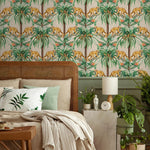 Tropical Wallpaper with a Vintage Monkey and Palm Tree Motif in Green and Beige - E335