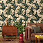 Floral Wallpaper with a Retro Botanical Motif in Olive Green, Teal and Cream - E347