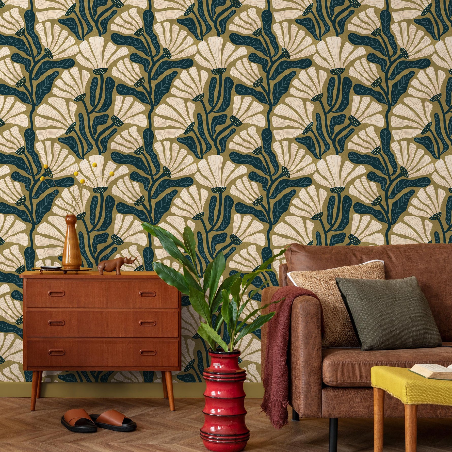 Floral Wallpaper with a Retro Botanical Motif in Olive Green, Teal and Cream - E347
