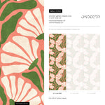 Floral Wallpaper with Stylized Fan Flowers in Coral, Green and Cream - E350