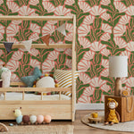 Floral Wallpaper with Stylized Fan Flowers in Coral, Green and Cream - E350