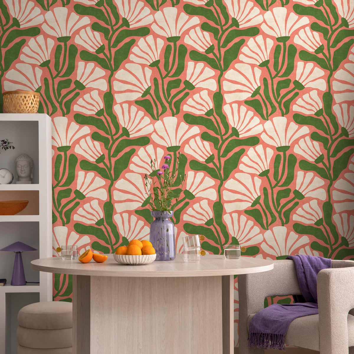 Floral Wallpaper with Stylized Fan Flowers in Coral, Green and Cream - E350