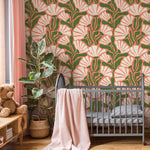 Floral Wallpaper with Stylized Fan Flowers in Coral, Green and Cream - E350