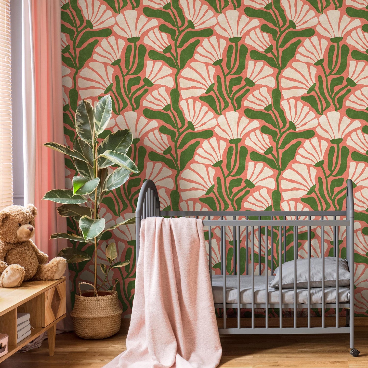 Floral Wallpaper with Stylized Fan Flowers in Coral, Green and Cream - E350