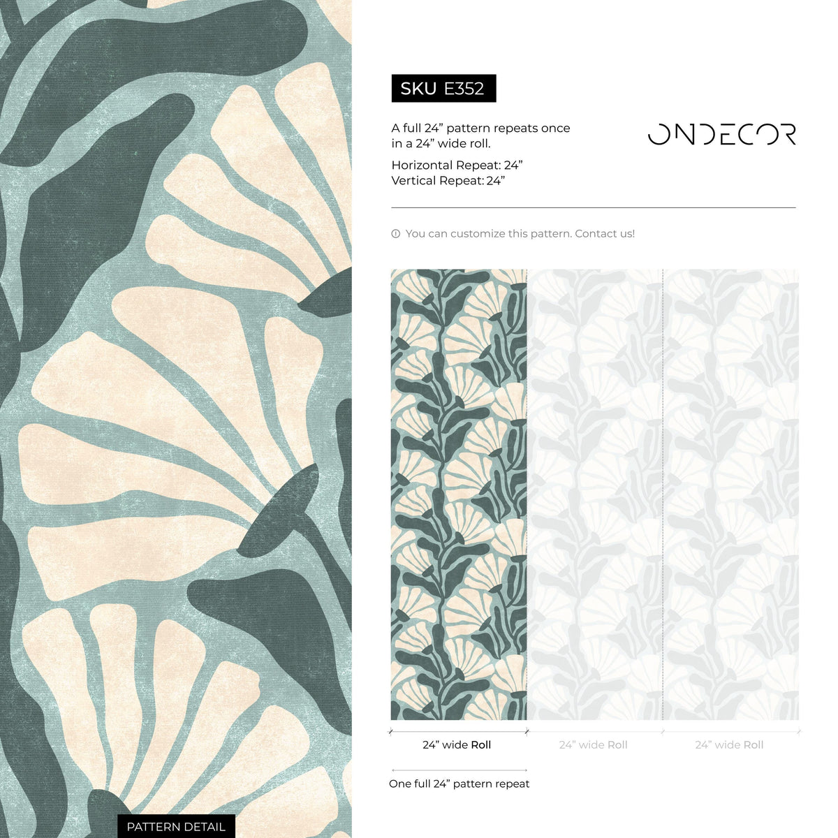 Floral Wallpaper with Stylized Fan Flowers in Light Blue, Cream and Dark Teal - E352