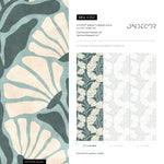Floral Wallpaper with Stylized Fan Flowers in Light Blue, Cream and Dark Teal - E352